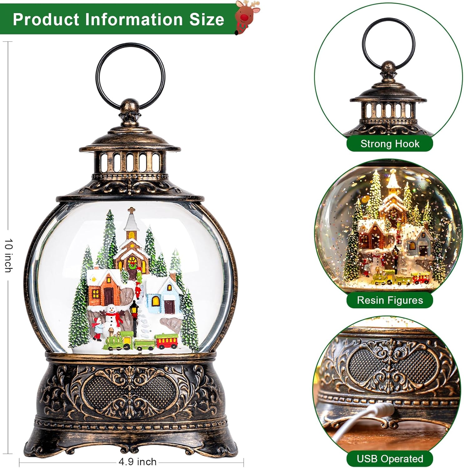 Regine Switzerland Christmas Snow Globe - Musical Snowy Train Lantern with 6-Hour Timer & USB/Battery Operated | Perfect Holiday Decoration Gift