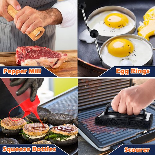 Griddle Accessories Kit, Joyfair 18Pcs Flat Top Grill Accessories for Blackstone, Stainless Steel Hibachi Griddle Tool Set with Spatula, Basting Cover Burger Press for Outdoor BBQ (PP Plastic Handles)