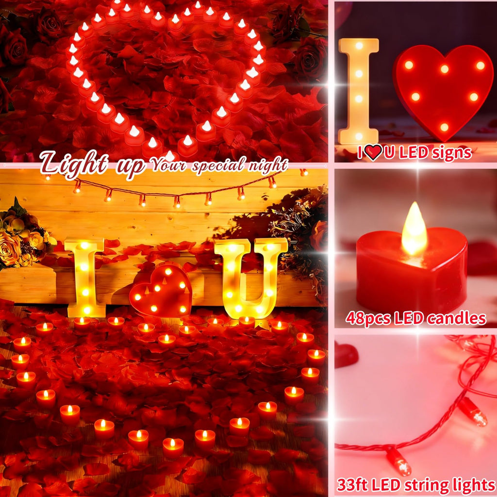 Ultimate Valentines Day Romantic Decorations Special Night for Bedroom with 33FT Lights,5000 Rose Petals and Candle Set for Hotel Room Home Decor,Valentine Anniversary I Love You Balloon&Letter Sign