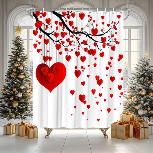 Red Love Heart Shower Curtain TreeFallen Heart Sweet Love Romantic Couple Woman Girl Valentine's Day for Bathroom Polyester Curtains Set with Hooks 70x70 Inch