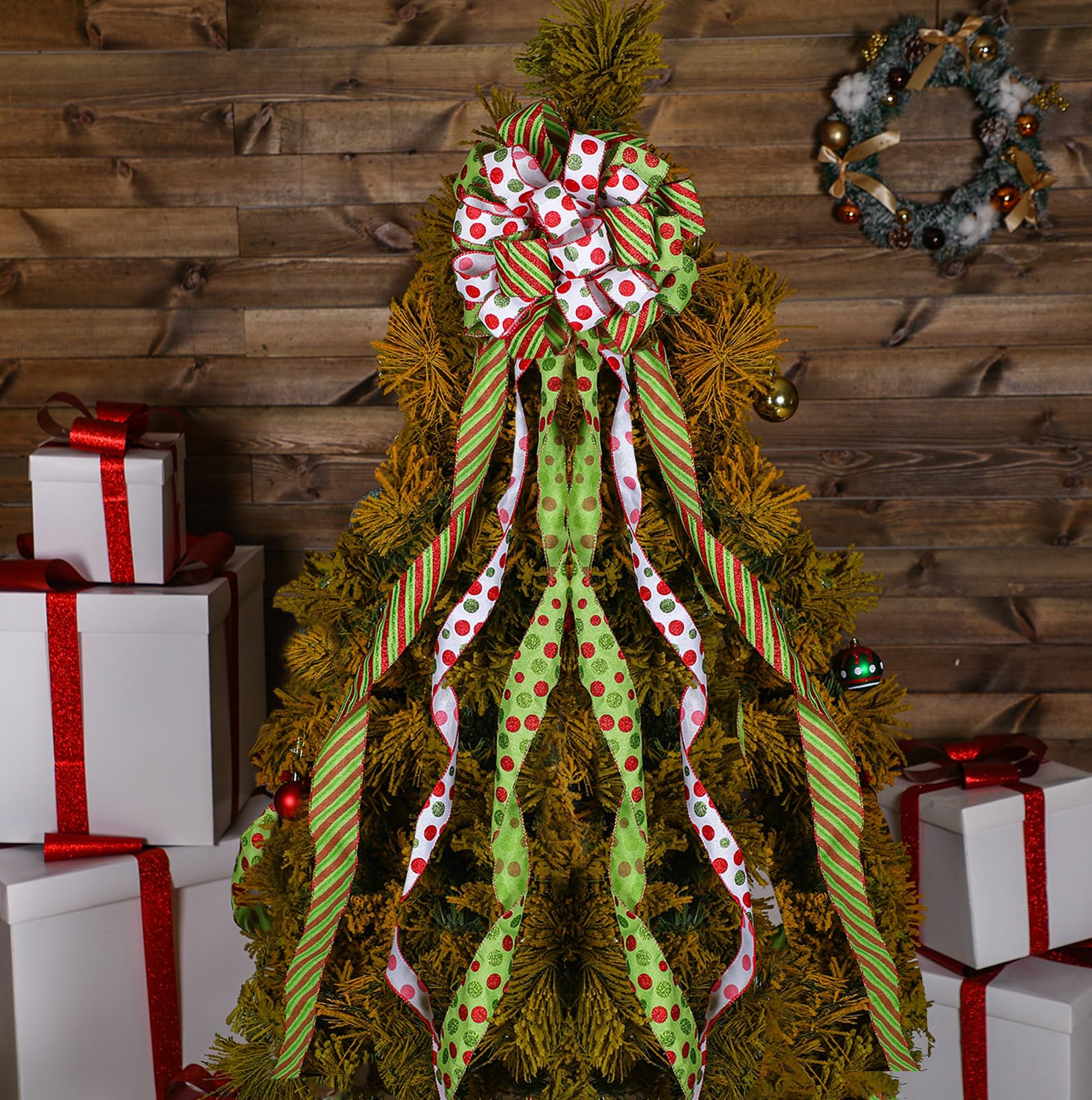 Tigeen Large Christmas Tree Bow Topper 52 x 12 Inch Red Green White Polka Dot Tree Topper Xmas Wreath Bow with Glitter Streamers for Christmas Party Indoor Outdoor Decoration Favor Supplies