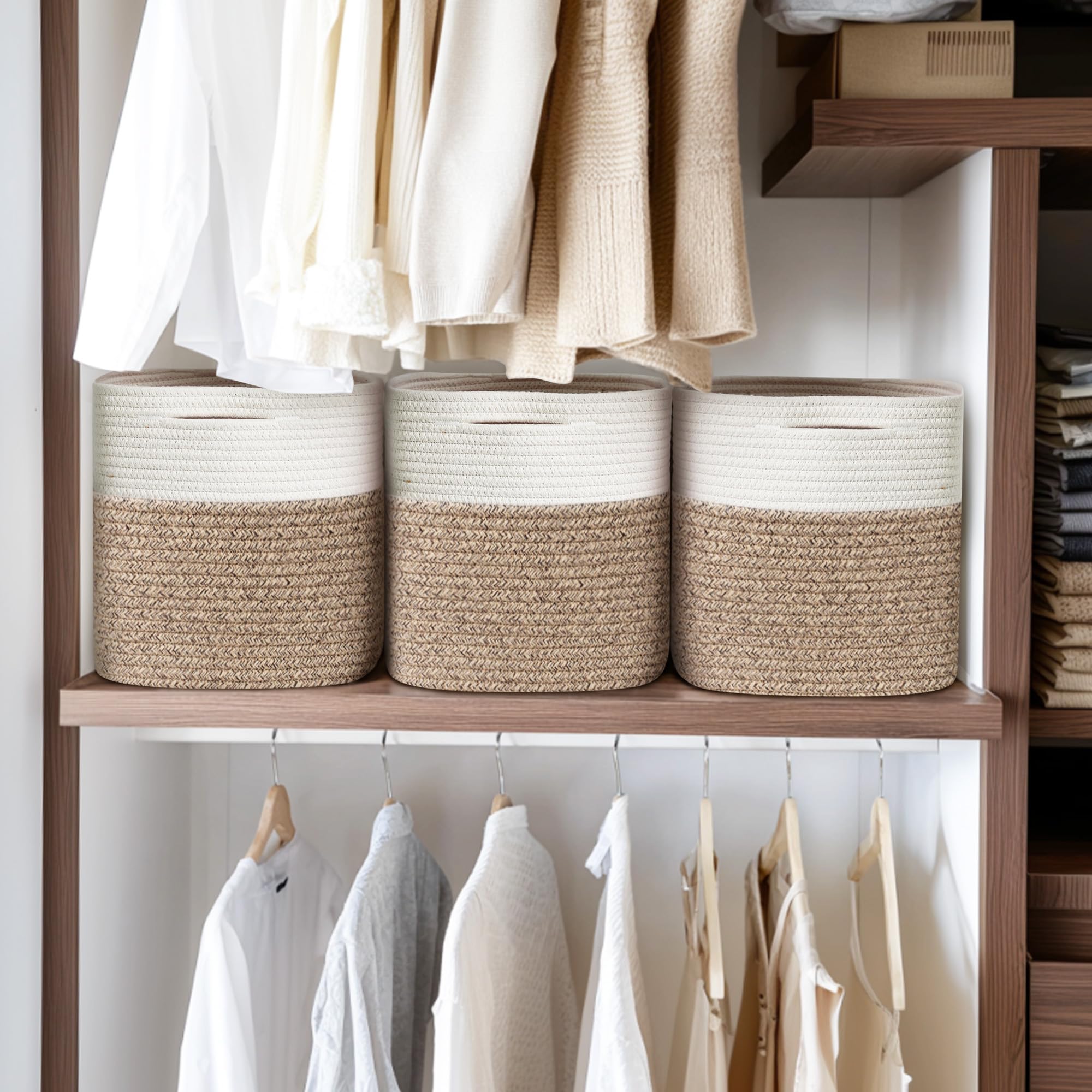 WILLITAT 13x13x13 inch Cube Storage Bin, 3-Pack Woven Cotton Rope Baskets for Organizing, 13 inch Square Storage Cubes for Shelves, Cute Kids Toy Bin Box, Baby Nursery Decorative Closet Organizer