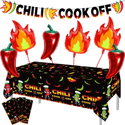 10 Pcs Chili Cook Off Decorations Set Chili Cook Off Banner Chili Pepper Disposable Tablecloth Plastic Table Cover Balloons Fire Balloons Chili Cooking Supplies Chili Pepper Decorations