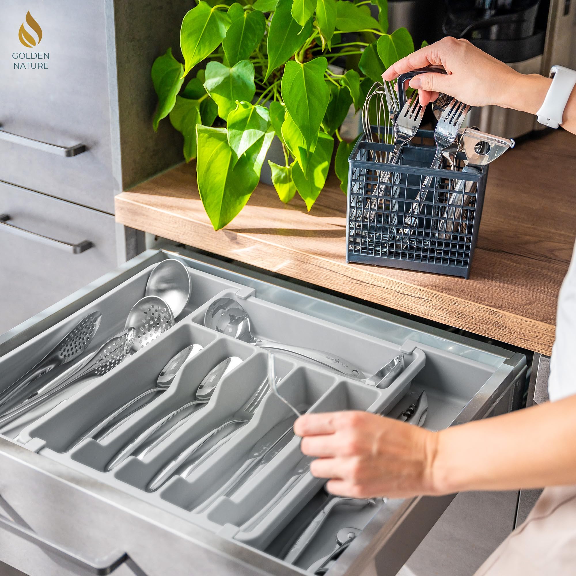 Golden Nature Kitchen Drawer Organizer for Silverware, Utensils, Cutlery (15x13.1 inch Expands to 15x22.2 inch, Gray), Expandable Flatware Holder for Drawers