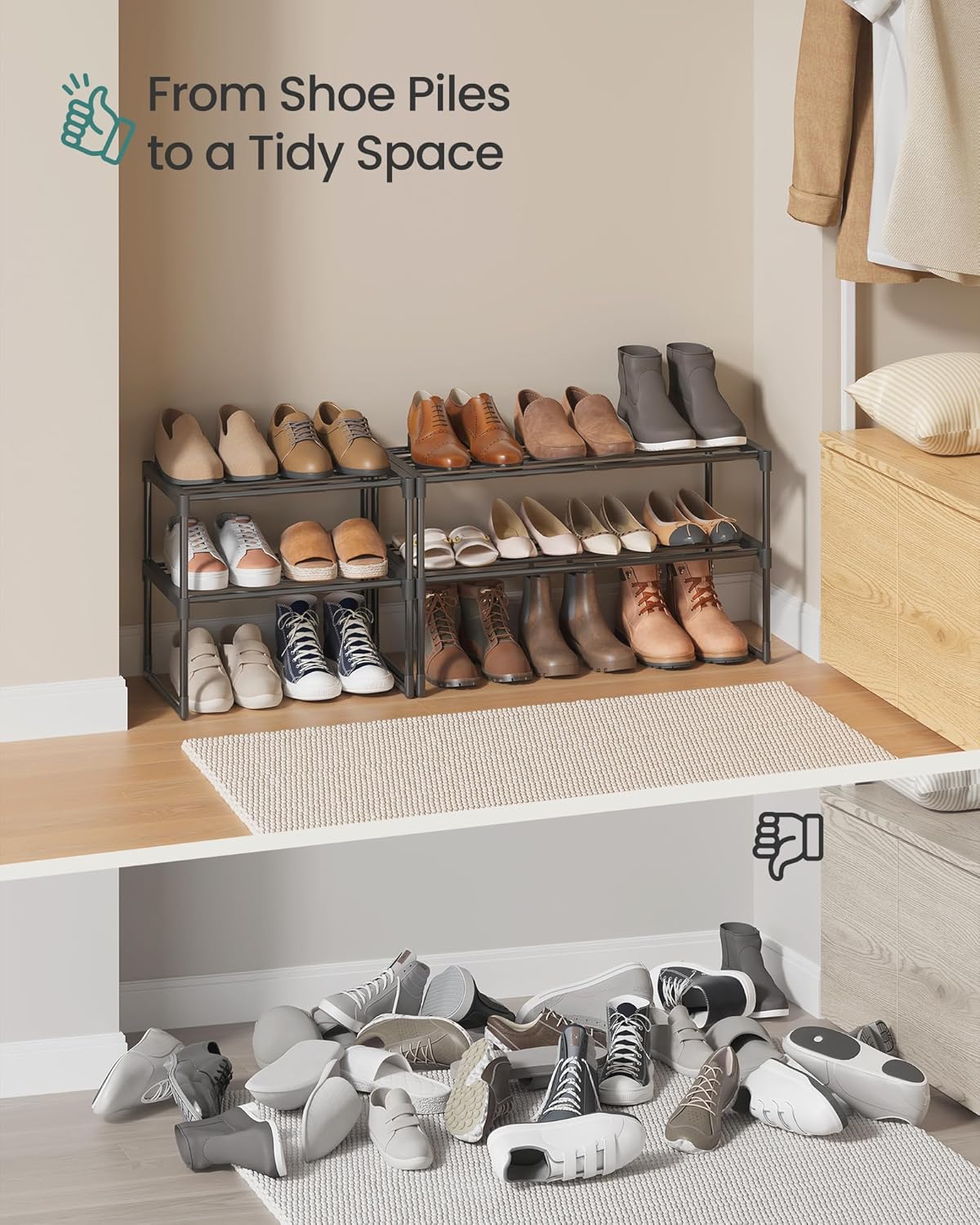 SONGMICS Shoe Rack - 2-Tier Metal Organizer for 3-6 Pairs | Stackable & Versatile Design, Black 11.8 x 16.7 x 14.8 Inches