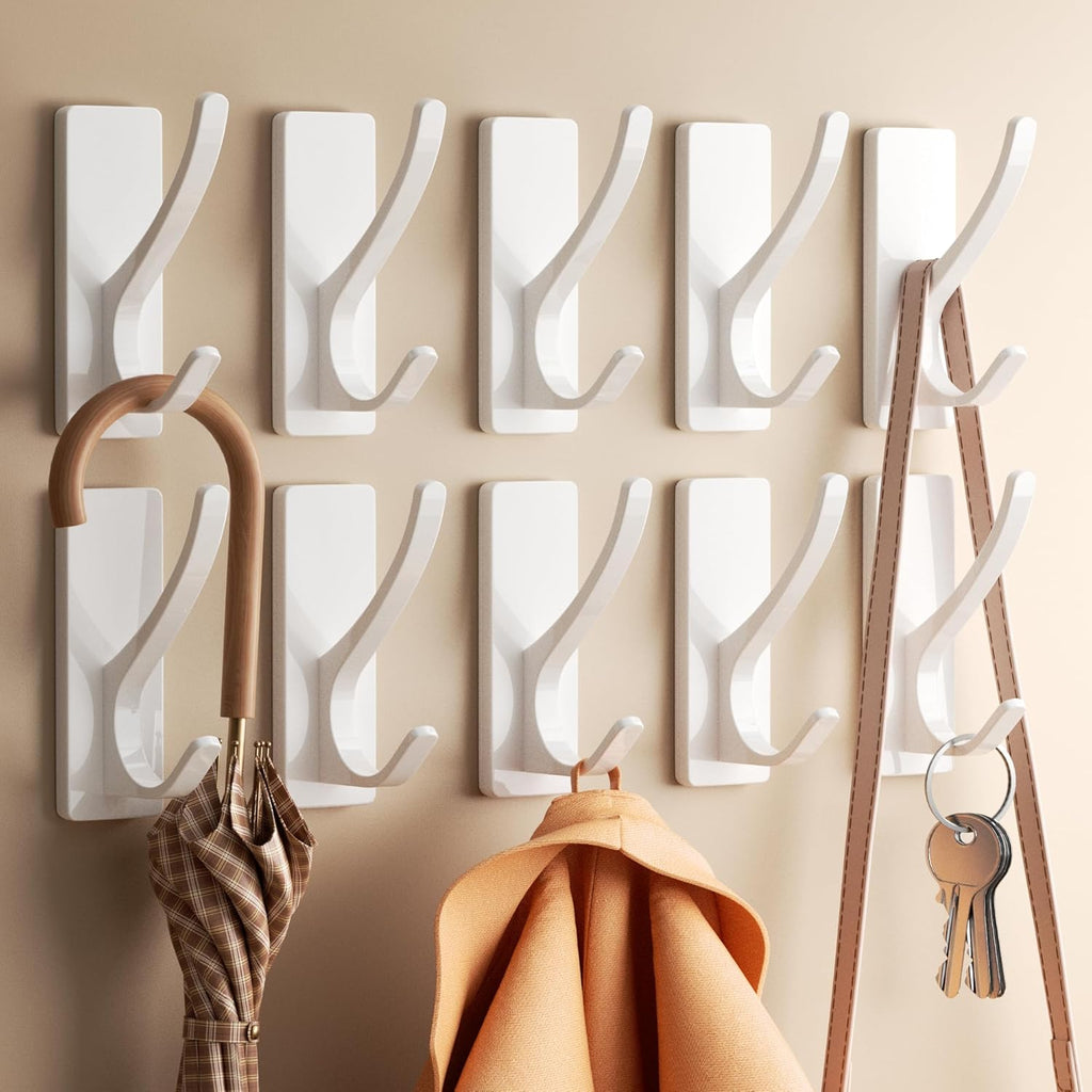 Pickpiff White Self-Adhesive Coat Hooks - 13LB Extra Strong Stainless Steel Wall Hooks | 10 Pack for Towels, Utensils, and More
