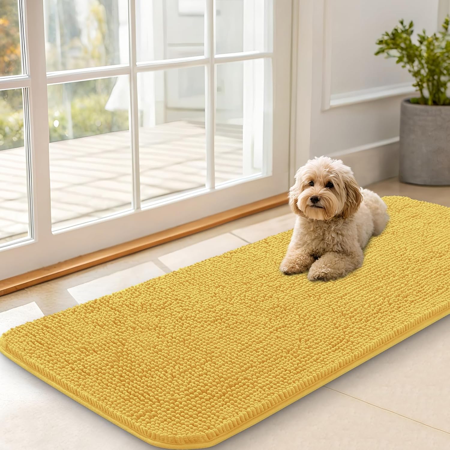 OLANLY Dog Door Mat - Absorbent Non-Slip Washable Chenille Mat for Muddy Paws | 47x20 Yellow