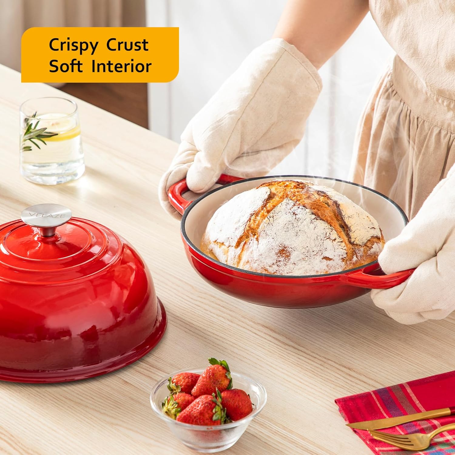 Velaze Enameled Cast Iron Dutch Oven - 5 QT Round Bread Pot with Dome Lid for Sourdough & Roasting (Red)