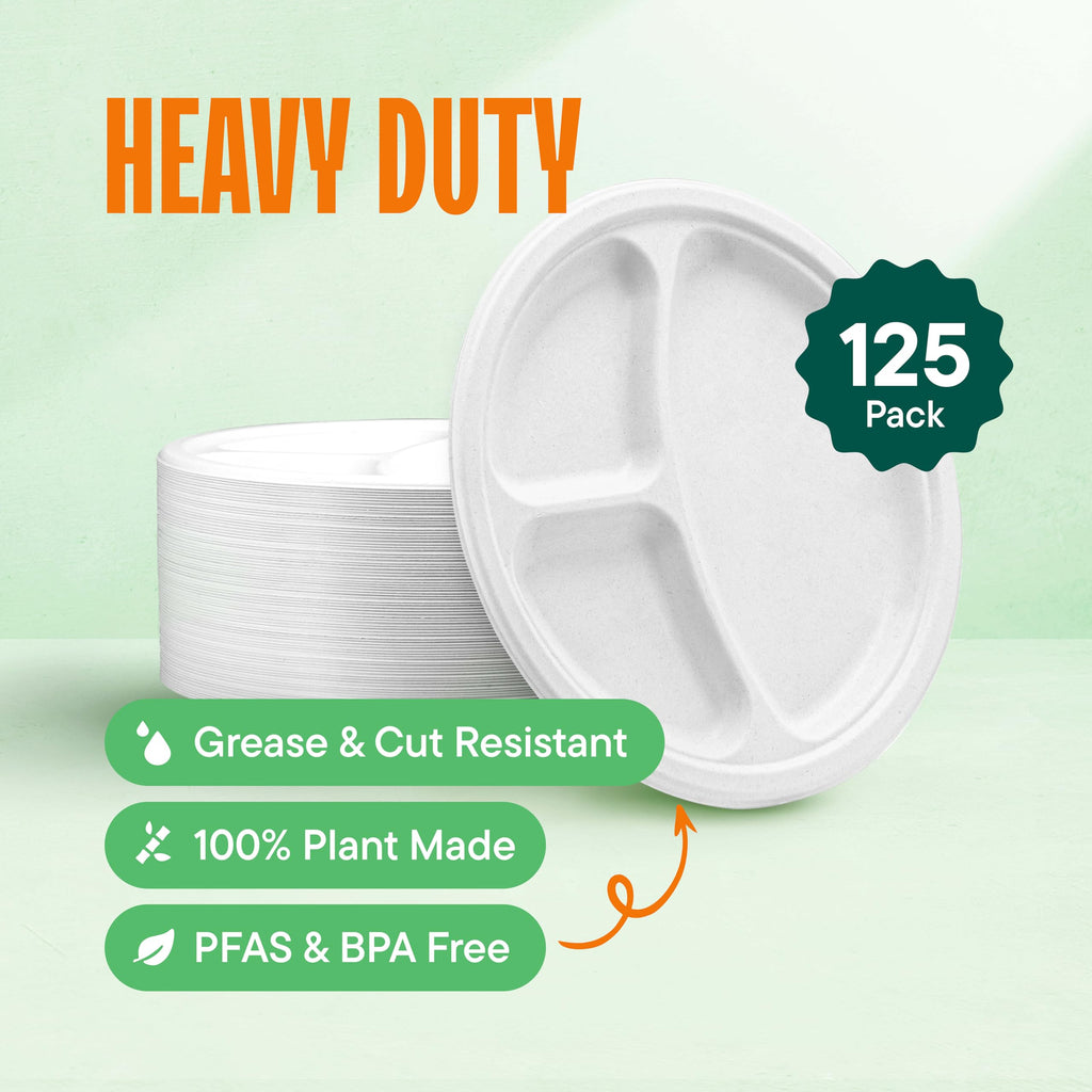 100% Compostable, 3 Compartment [10-Inch] Disposable Paper Plates [125-Pack] Sectional Lunch Trays + Dividers - Divided Platter Tray - Heavy Duty Biodegradable Bagasse (BPA-Certified) (PFAS-Free)
