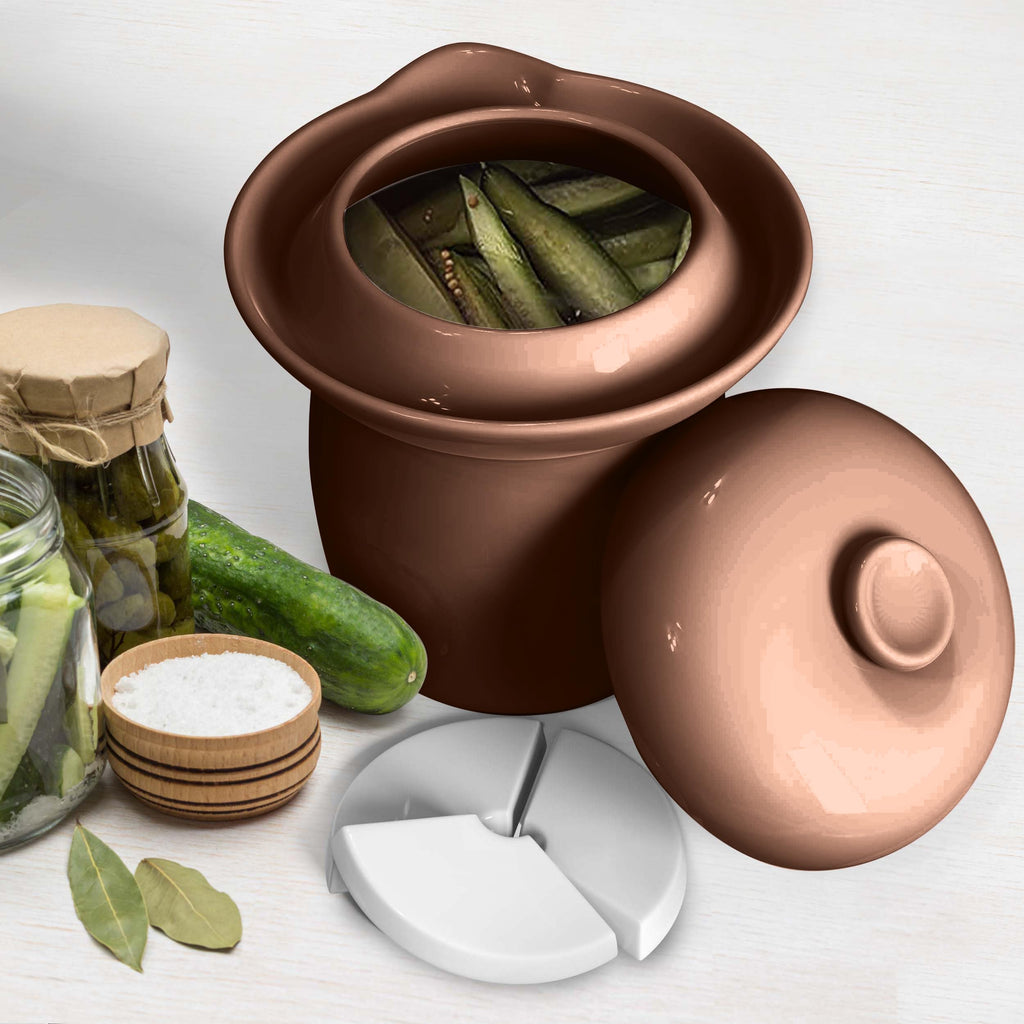 Zetilli Fermentation Crock Jar Fermenting Crock with Glazed Weights- Onggi Kimchi Pot for Fermenting Delicious Kimchi, Kombucha & Pickles - Stoneware Sauerkraut Crock Pickling Fermenter (4L BROWN)