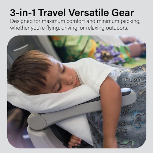 NAPRO Kids 3-in-1 Travel Blanket and Pillow Combo, Convertible Infinity Scarf, Lightweight Neck Support for Airplane, Car & Camping, Glow-in-The-Dark - Gamer