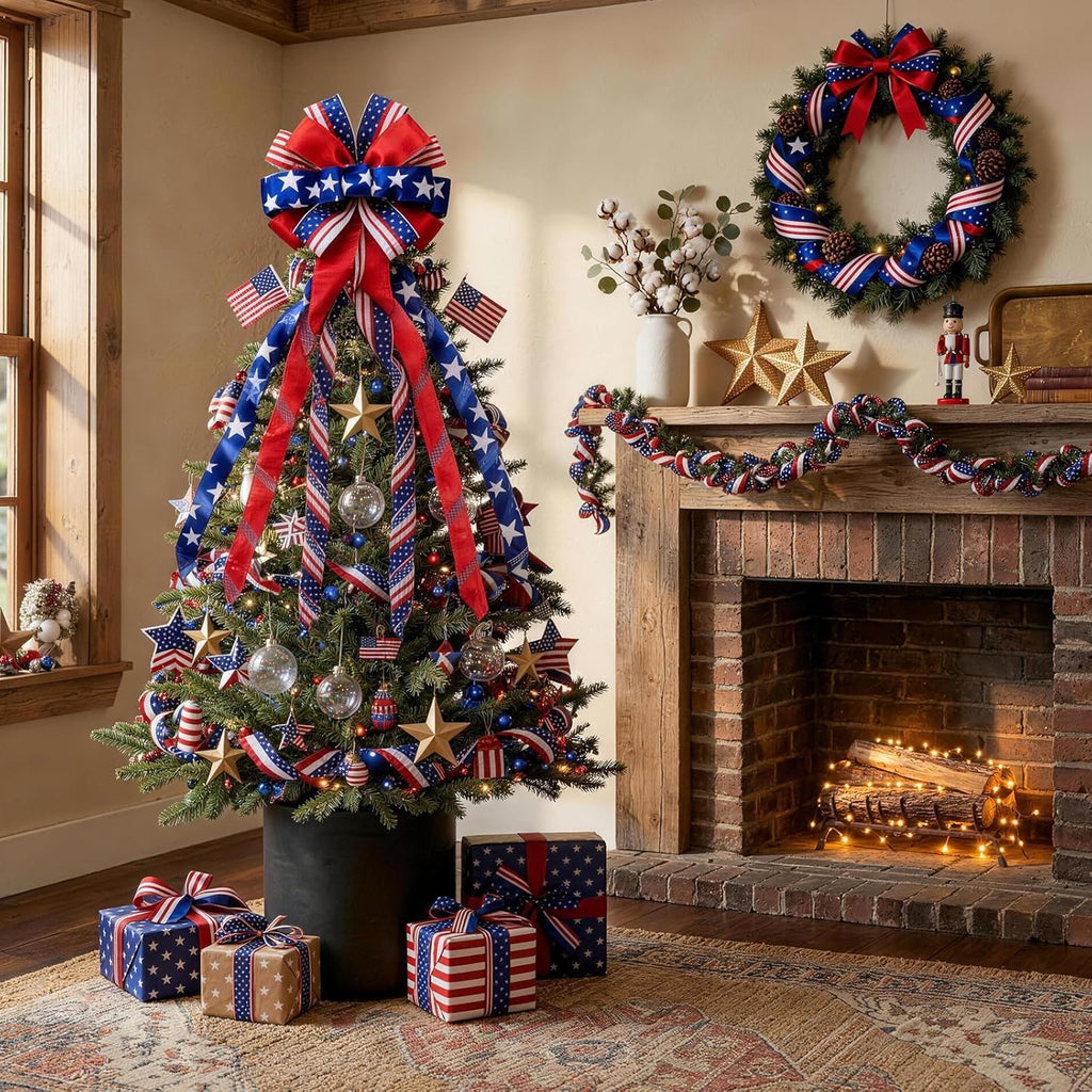Patriotic 4th of July Tree Topper Bow by [Brand Name] - Large 52x13 Inch Pre-Tied Ribbon for Wreaths & Decor | Red, Blue, White