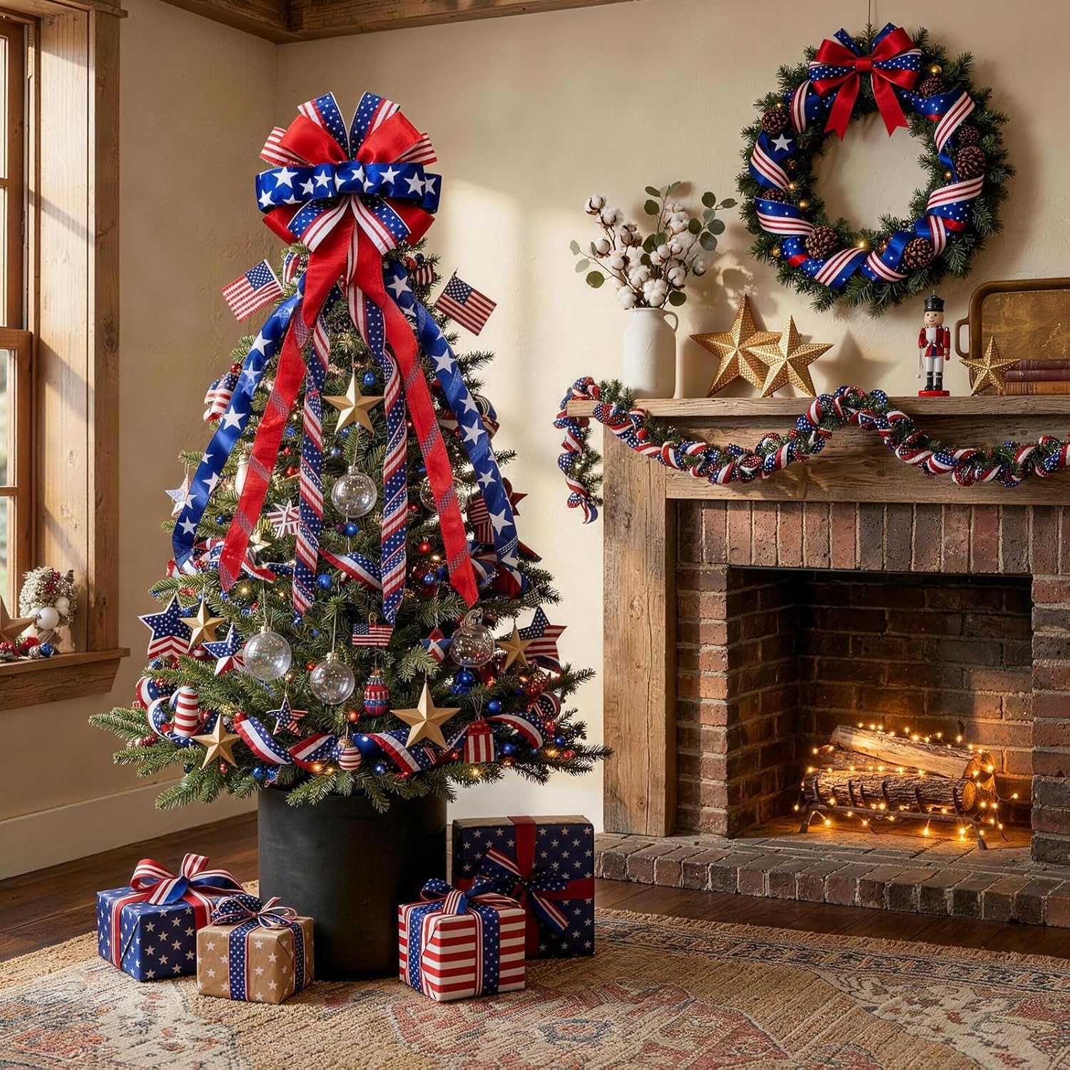 Patriotic 4th of July Tree Topper Bow by [Brand Name] - Large 52x13 Inch Pre-Tied Ribbon for Wreaths & Decor | Red, Blue, White