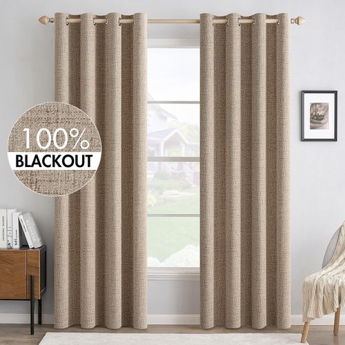 MIULEE 100% Blackout Linen Textured Curtains - Thermal Insulated Copper Brown | Room Darkening Drapes 52 x 108 Inch (2 Panels)