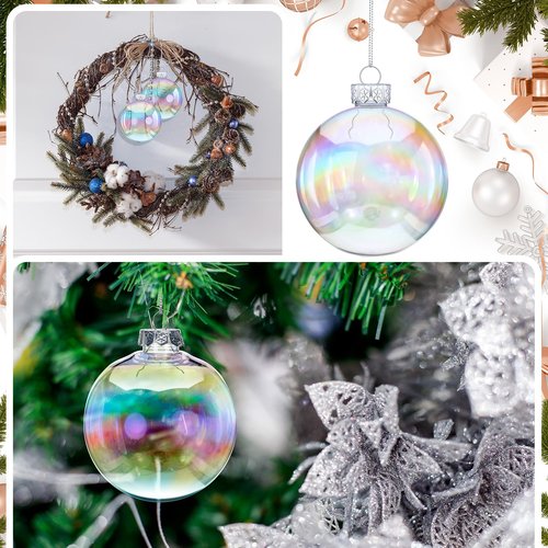 12 Pcs Large 4 Inch Iridescent Ornaments Clear Christmas Ornament Balls Iridescent Christmas Balls for Tree, Plastic Ornaments Clear Plastic Fillable Decoration, Xmas Hanging Decor for Holiday