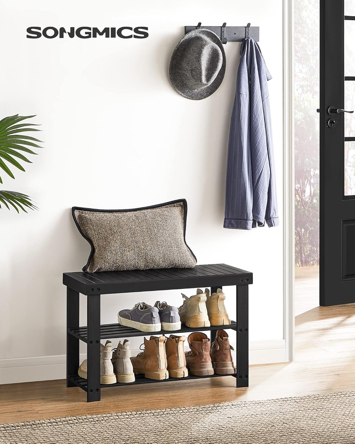 SONGMICS Shoe Rack Bench - 3-Tier Bamboo Storage Organizer | Holds Up to 286 lb, Ink Black, 11.3 x 27.6 x 17.8 Inches