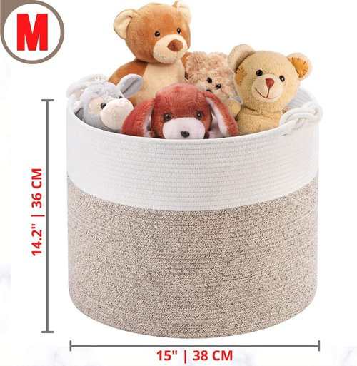 MINTWOOD Design Woven Cotton Rope Storage Basket - 15 x 14.2 Inches | Versatile Light Brown Toy & Laundry Bin