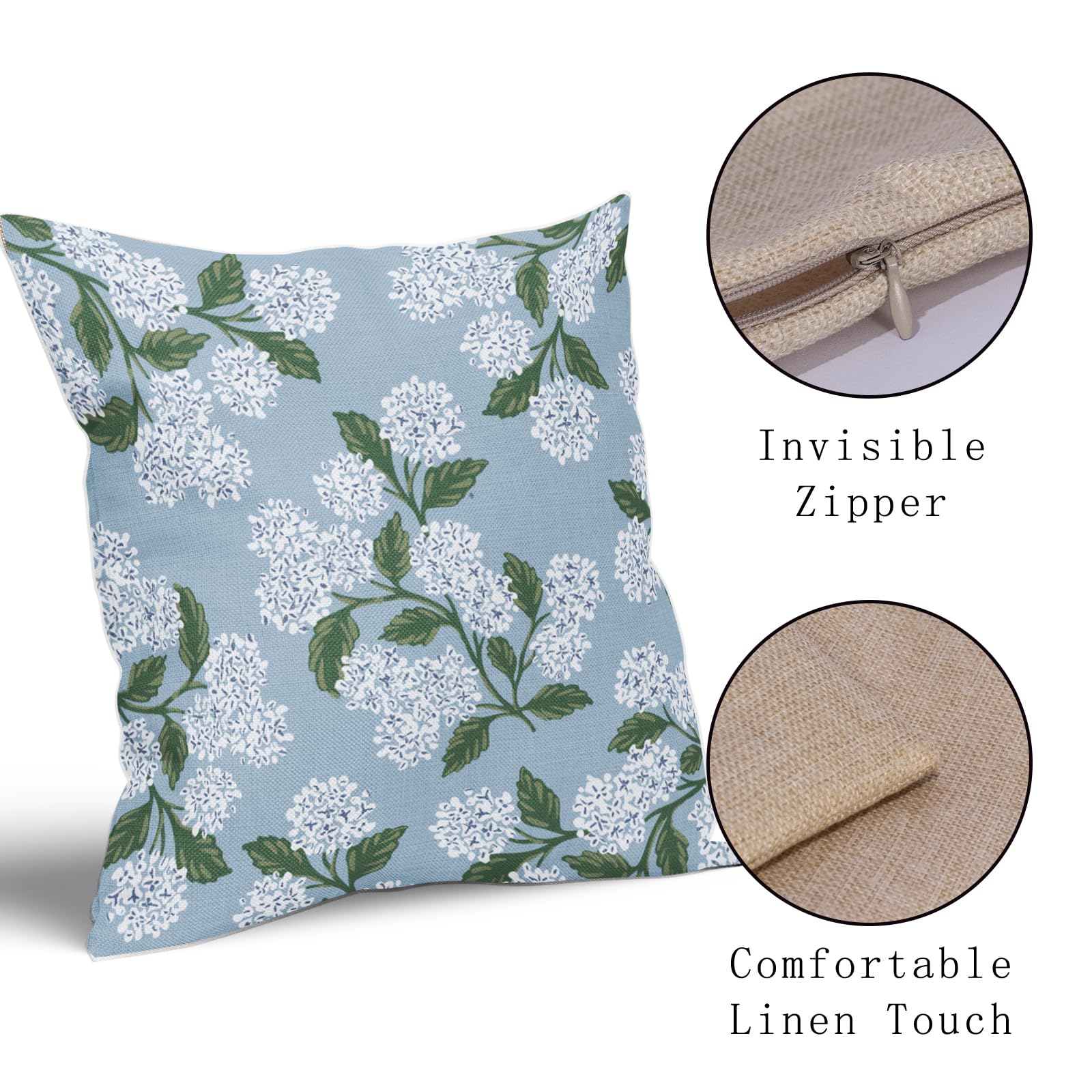 Light Blue Green White Hydrangea Pillow Covers 18x18 Set of 2 Floral Leaves Print Decorative Throw Pillowcases Outdoor Rustic Flower Farmhouse Spring Cushion Cases Decor for Home Couch Sofa Bed