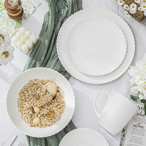HOMBENE DINNERWARE NOT ONLY FOR DINNER 16 Piece Dinnerware Sets with Dishes, Bowls and Plates, Porcelain Dinner Set for 4, White, Glossy, Round, All Occasions