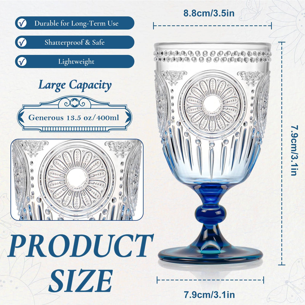 XUWAIDSGN 24Pcs Plastic Vintage Wine Glasses 13.5oz Reusable Embossed Goblet Glasses Blue Gradient Retro Wine Glassware Unbreakable Stemmed Champagne Water Cups for Wine Cocktail Juice Wedding