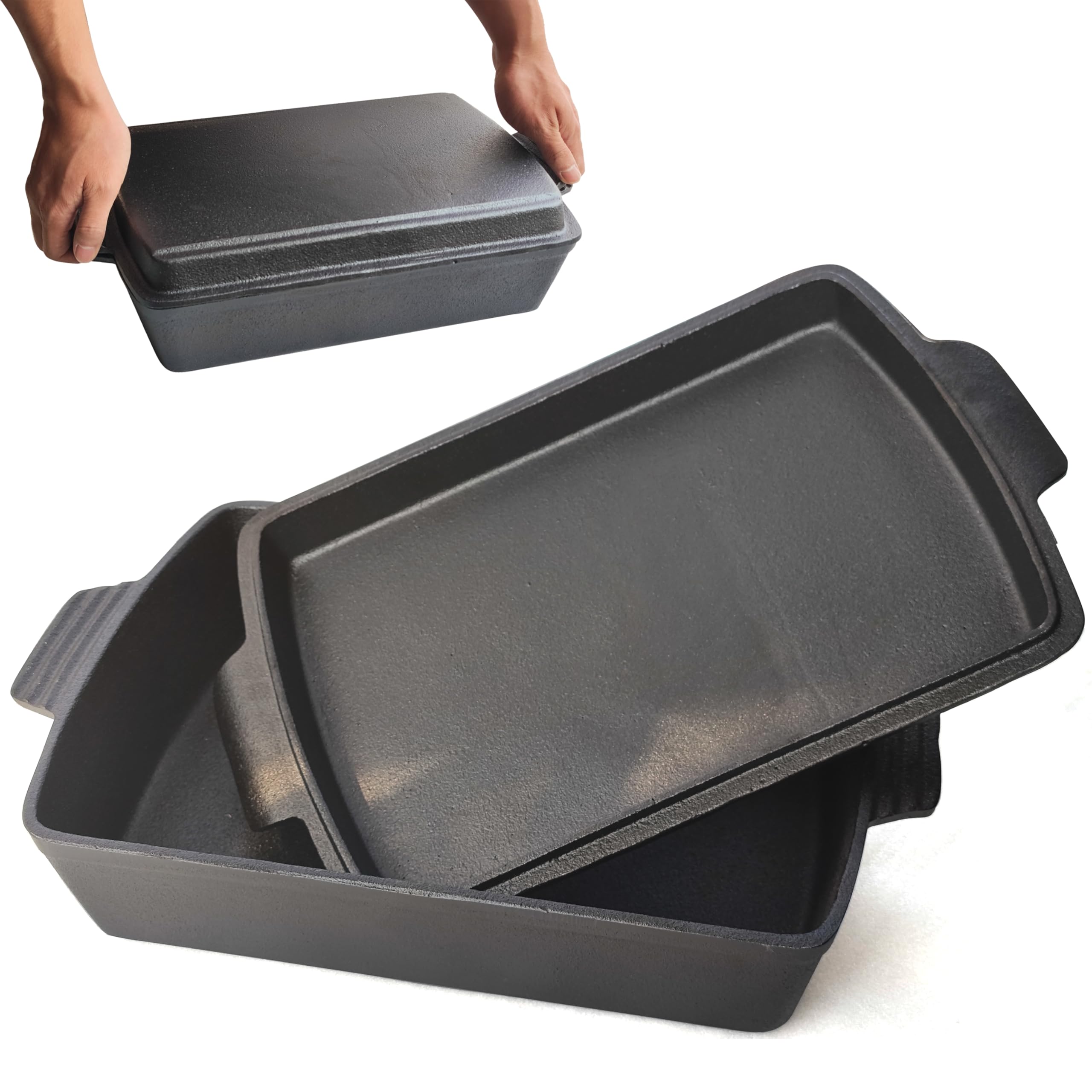 Voulosimi 15.5"x10.5" 2-In-1 Pre Cast Iron Oven Pan - Rectangular Baking Pan for home baking ﻿ (7 QT)