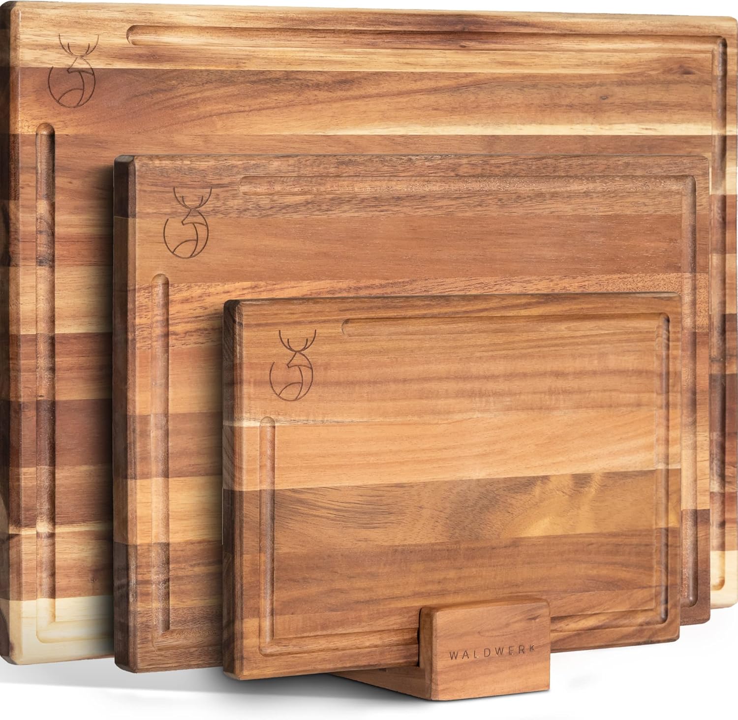 WALDWERK Acacia Wood Cutting Board Set - Durable 0.8" Thick Kitchen Boards | 15.75 x 12/13 x 9.5/10 x 7 in