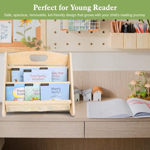 AZSKY Double-Sided Toddler Bookshelf for Kids, Montessori Bookshelf to Display Books, Sling Book Rack Organizer, Playroom Classroom Nursery Book Shelves, Wooden Kid Bookcase for Baby Girl Boy（Beige）