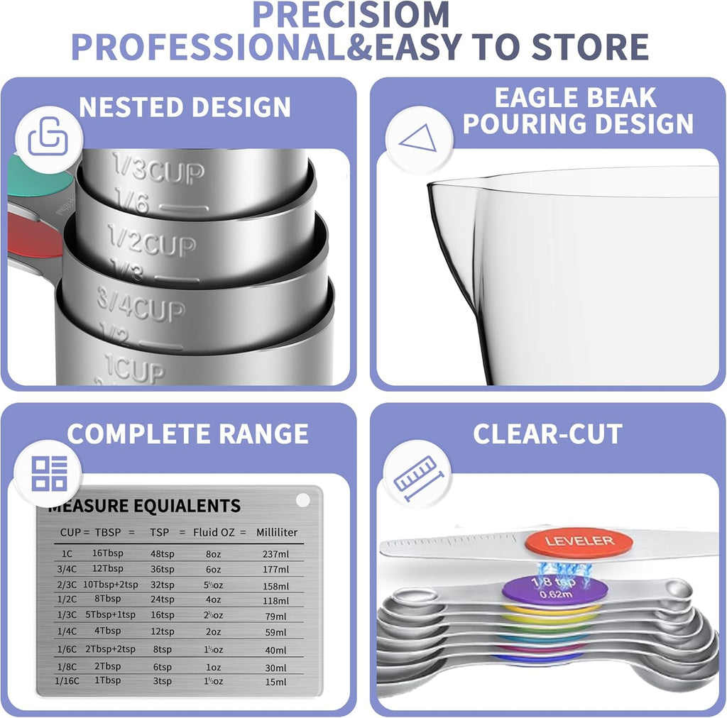 Skiennix Magnetic Measuring Cups & Spoons Set - 5 Stainless Steel Cups & 7 Magnetic Spoons for Accurate Measurements