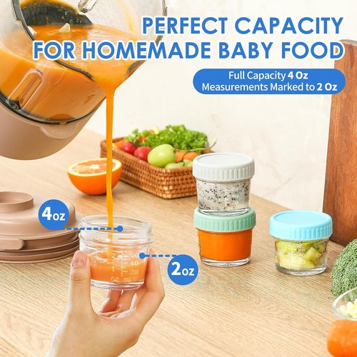 DRKIO 6 Pack Glass Baby Food Storage Containers - 4 Oz Leak Proof Jars with Lids | Microwave & Dishwasher Safe