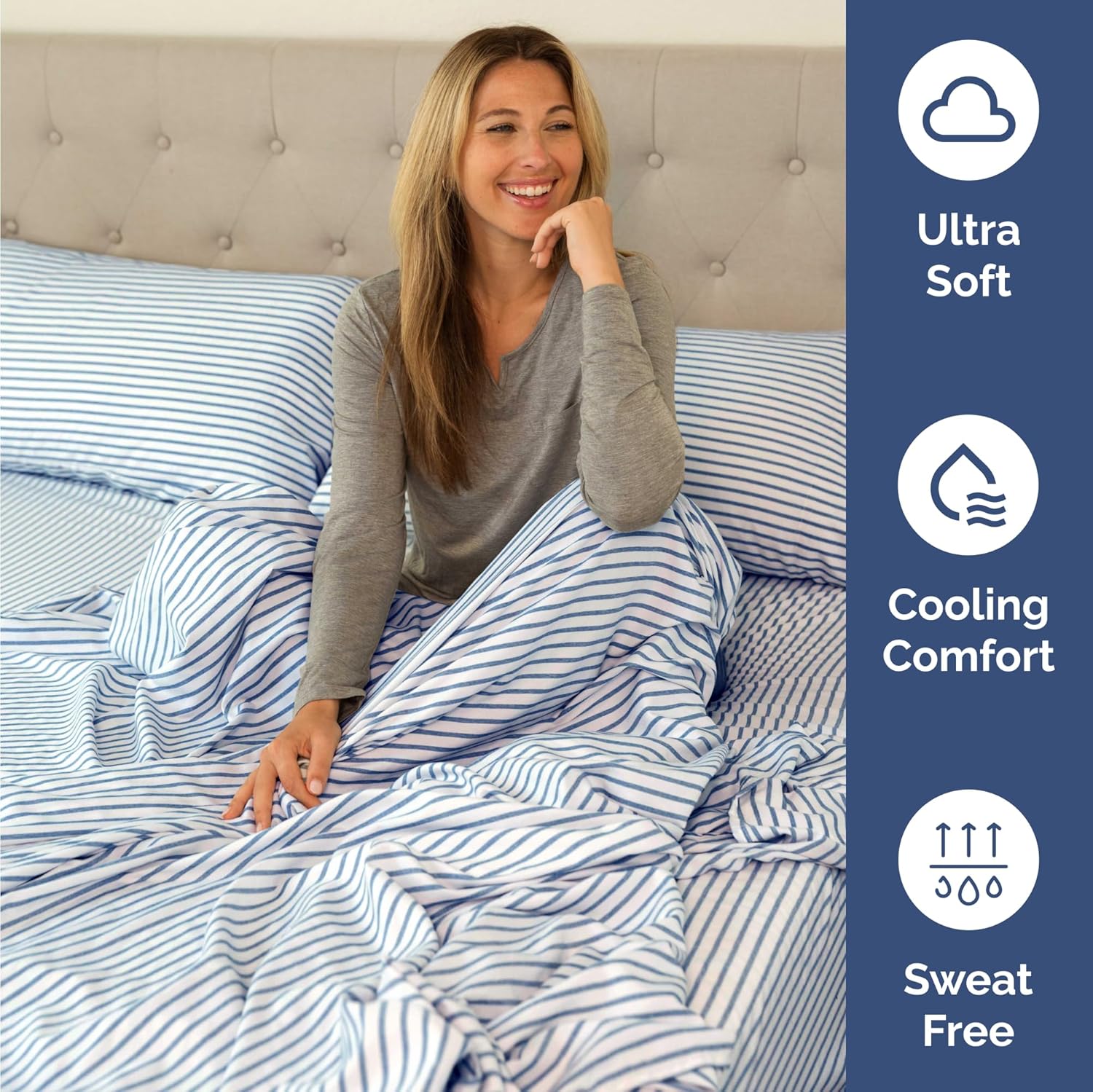 Skiennix Twin Size 3-Piece Sheet Set - Comfy Cooling Bed Sheets - Luxury Hotel Quality - Deep Pockets, Soft, Wrinkle-Free - Blue Stripes