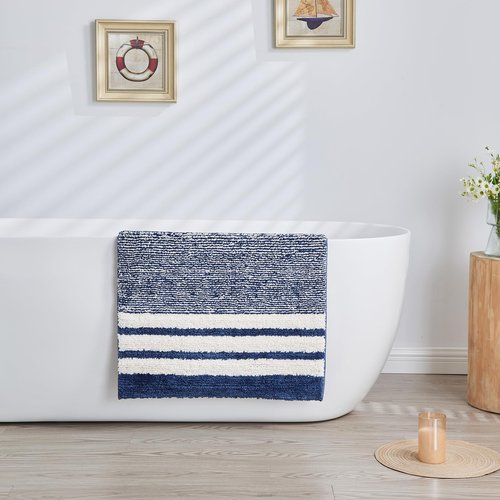 CozeCube Bath mats for Bathroom Non Slip, Fluffy Absorbent Microfiber Bath mat Washable, Aesthetic Bathroom Rugs, Small Navy Blue Striped Bath mat, Navy Blue, 24" x 16"