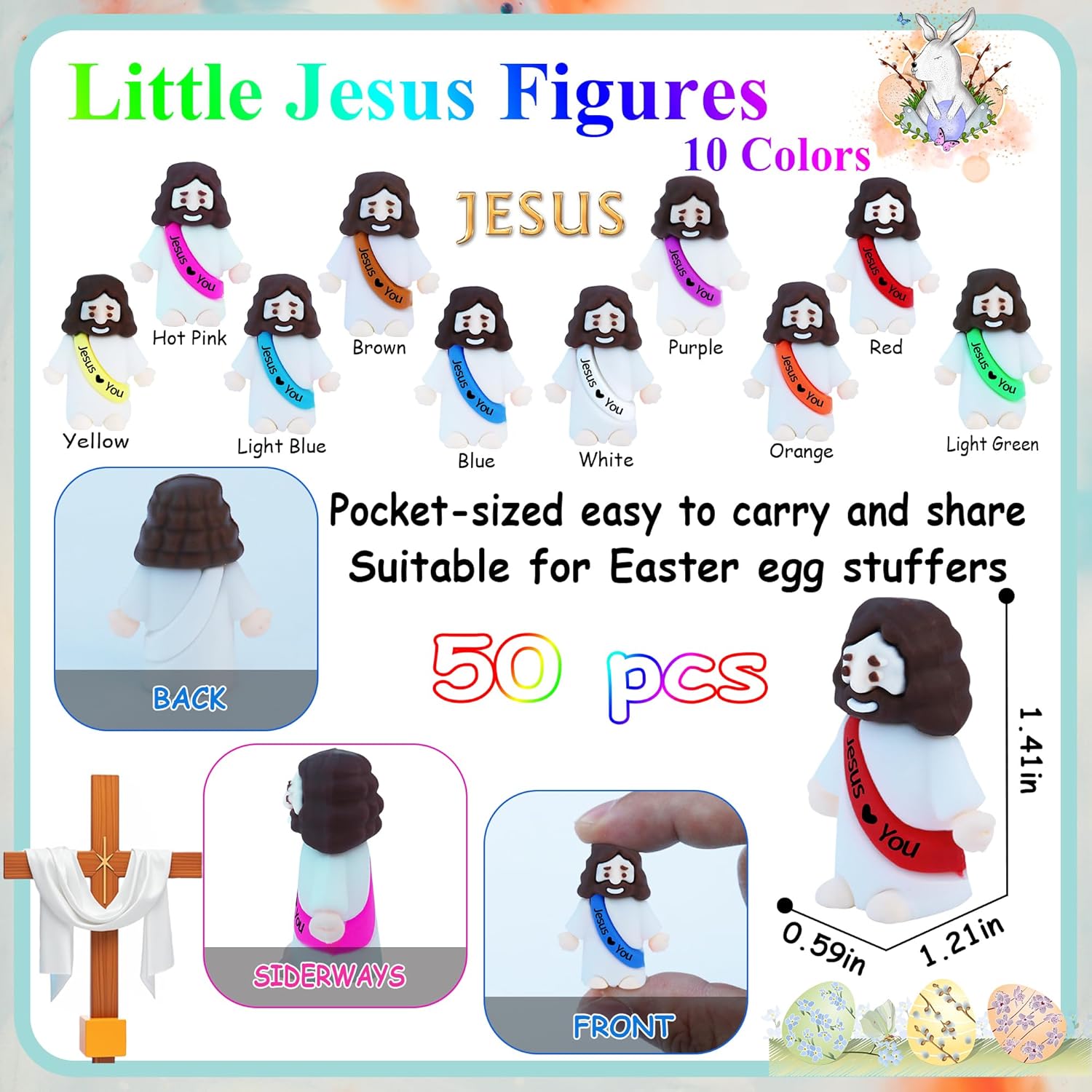 Skiennix 50 Pcs Little Jesus Figures - Mini Rubber Jesus Figurines for Easter Egg Hunts | Multi-Color Set
