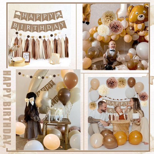 Birthday Decorations for Girls Boys, Brown Happy Birthday Banner with Felt Ball Garland Paper Pompoms Tassel Garland, Beige Cream Neutral Boho Birthday Party Balloons for Women Men Baby Shower