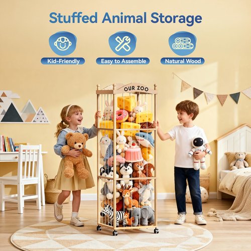 Jumvix Stuffed Animal Storage Zoo Tower, Large Capacity Wooden Stuffed Animal Holder with Wheels, Space-Saving Toy Storage Organizer, Stuffy Plushies Storage for Nursery, Playroom & Bedroom