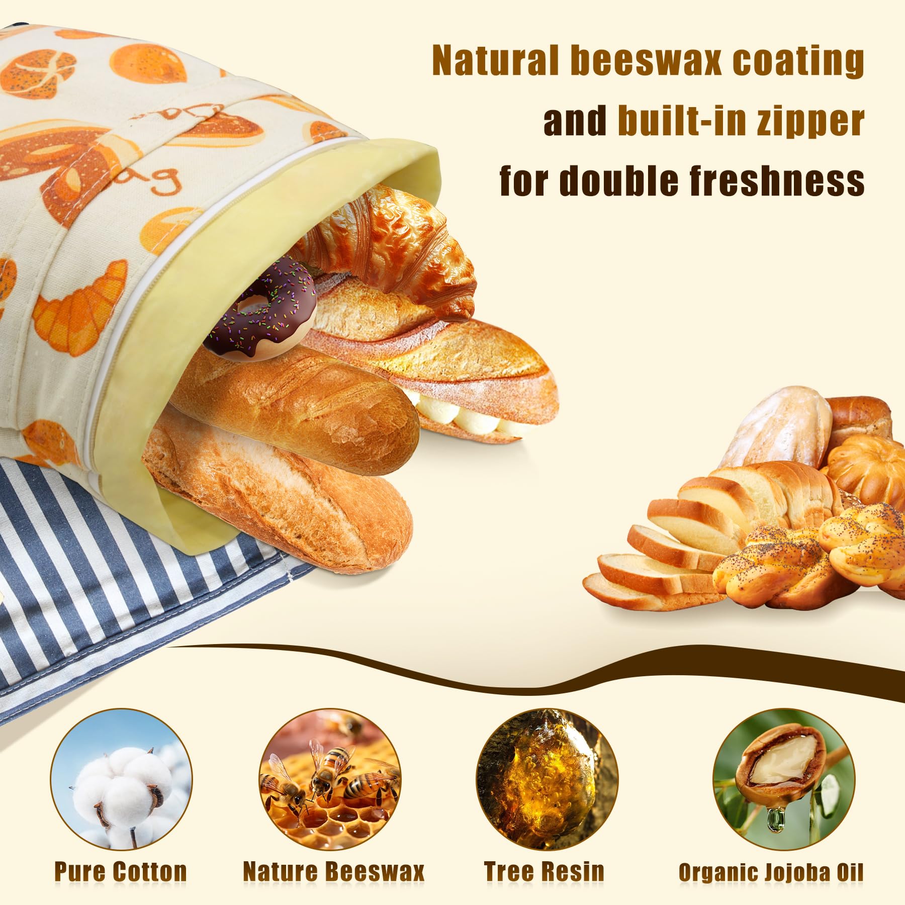 2 Pack Beeswax Bread Bags for Homemade Bread, Sourdough, Reusable Bread Bag XL Eco-Friendly Fresh Food Storage with Buckle & Zipper, Moisture Lock, Keeps Bakes Fresh Longer