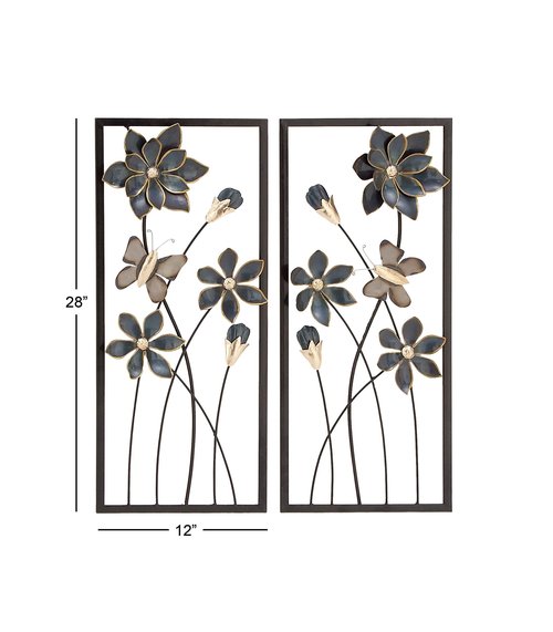 Deco 79 Metal Floral Home Wall Decor Wall Sculpture with Black Frames and Butterfly Accents, Set of 2 Wall Art 12"W, 28"H, Teal