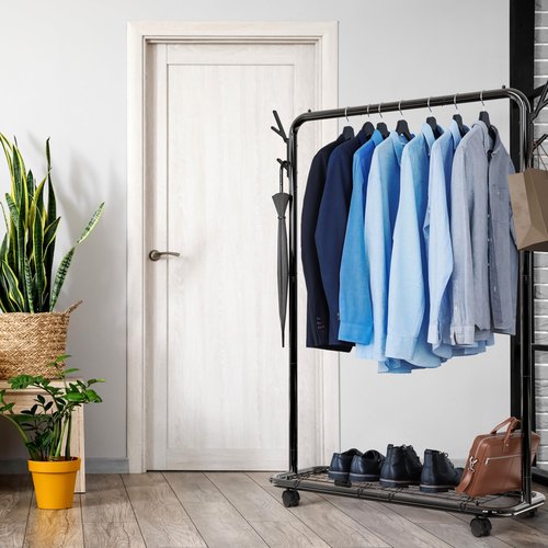 Simple Houseware Industrial Style Garment Rack with Wheels and Hooks, Black
