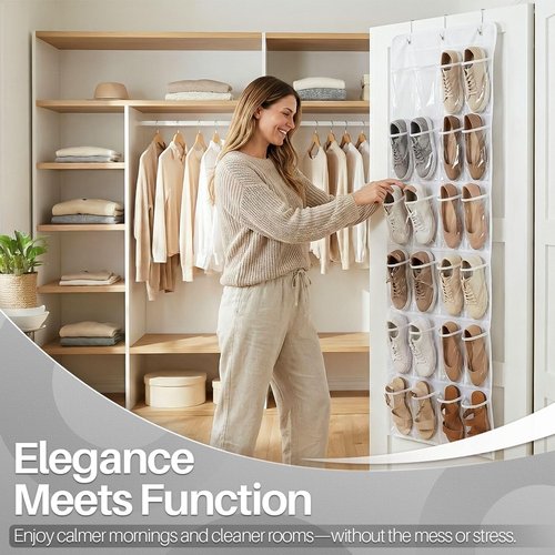 Flexzion Over The Door Shoe Organizer - 24 Clear Pocket Hanging Shoe Rack for Space-Saving Storage (White)