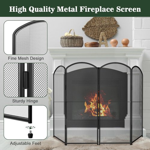 HEOMU Fireplace Screen Stand Black 4 Panel Foldable Decorative Fireplace Screen Fireplace Cover,Metal Fire Spark Guard Cover for Home Indoor Fireplace,47.8" W x 31" H