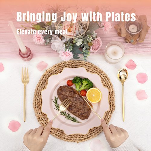 WDF 175Pcs Pink Plastic Plates - Pink and Gold Plates Disposable 25guest Plastic Dinnerware Ideal for Easter/Bridal Shower/Wedding/Baby Shower/Spring