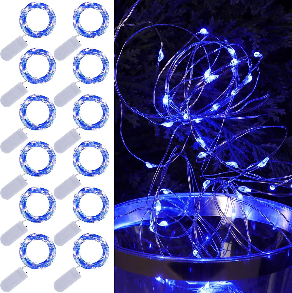 WATERGLIDE 12 Pack Mini String Lights - 20 LED Battery Operated Fairy Lights | 7 ft Waterproof Silver Wire for DIY Decor, Blue