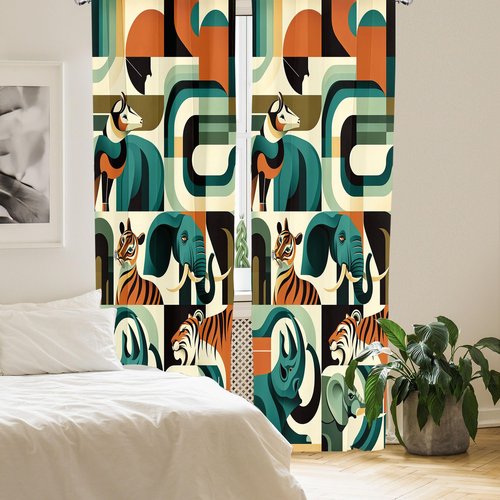 Ambesonne Animals Curtains, Urban Jungle Themed Modern Boho Detail Roundy Fox Elephant Tiger Print, Window Treatments 2 Panel Set for Living Room Bedroom, Pair of - 28" x 63", Dark Orange Teal Beige