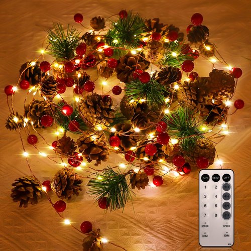 Pechfun Christmas Garland with Lights, 9.8 Ft 60 LED Red Berry Pine Cone Battery Operated Christmas Garland with 8 Modes Remote for Fireplace Stairs Table Door Wall Xmas Tree Indoor/Outdoor Decor