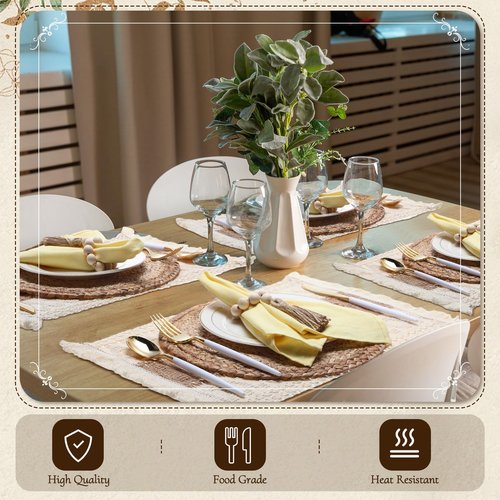 Zhehao 12 Set/36 Pcs Boho Table Placemats, Spring Natural Cotton Burlap, Grass Woven Mats, Macrame Table Decor Farmhouse Style with Tassels Beads Napkin Rings for Wedding Engagement Party