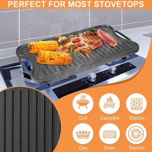 PETKAO Reversible Cast Iron Griddle Plate for Gas Grill, Stovetop Grill Pan for Electric Stove, Pre-Seasoned Grill Griddle Pan for Gas Stove Top 2 Burner, Extra Large Stove Top Grill Plate 20" x 10.5"