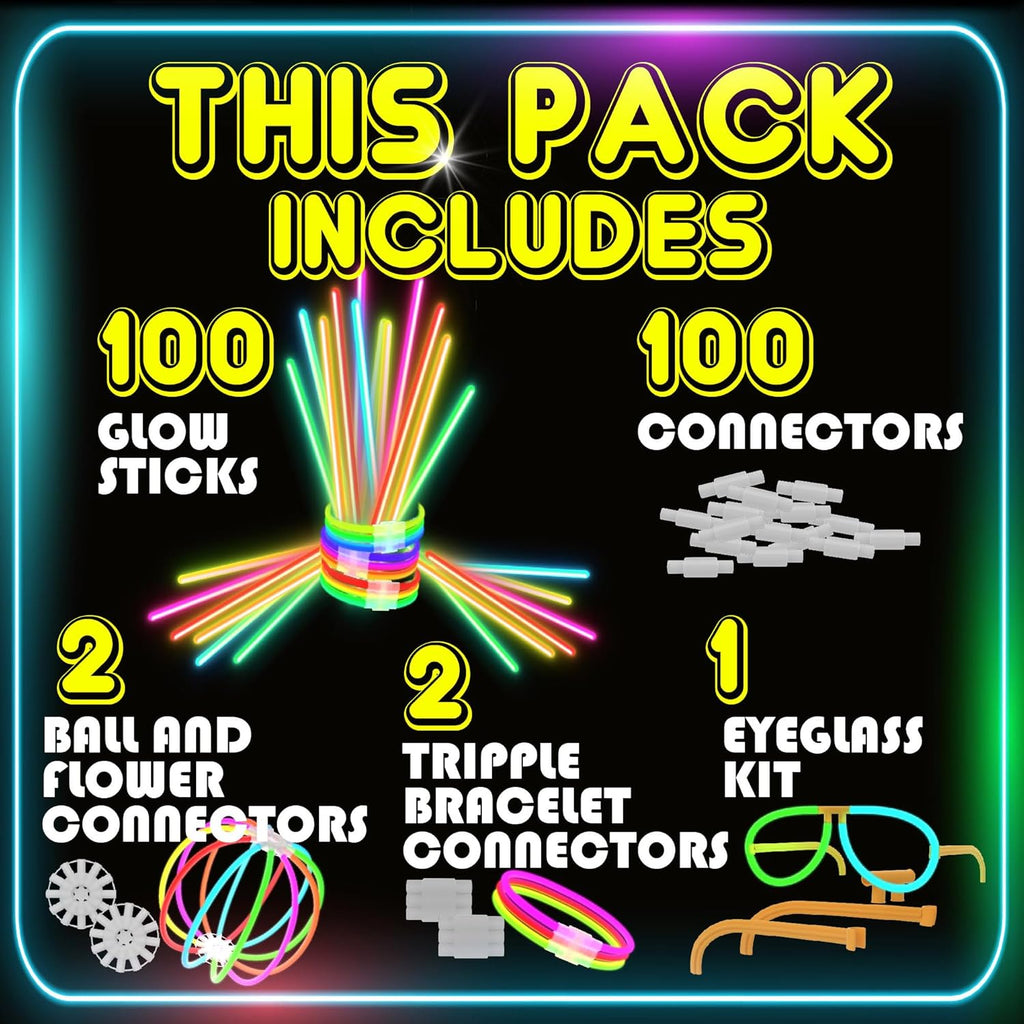 PartySticks Ultra Bright Glow Sticks - Glow in The Dark Party Supplies with Glasses, Bracelets & Connectors | Perfect for Halloween & 4th of July Celebrations