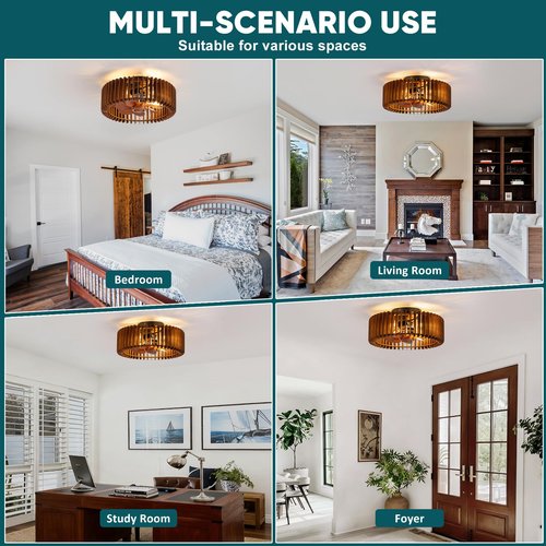 Padxpouo Farmhouse Fandelier Ceiling Fan with Light Flush Mount Caged Ceiling Fans with Light and Remote Wooden Low Profile Bladeless Ceiling Fan for Bedroom, Kitchen,Foyer(Enclosed,6 Speed, Timing)