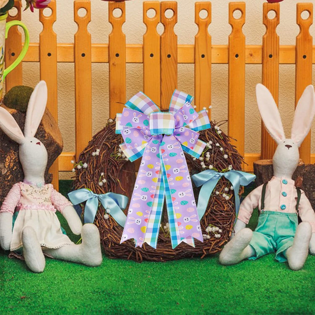 SIMISI Ribbon Easter Wreath Bow - Large Burlap Wired Bow with Bunny Eggs | Perfect for Door & Party Decor (11x17.7 Inch)