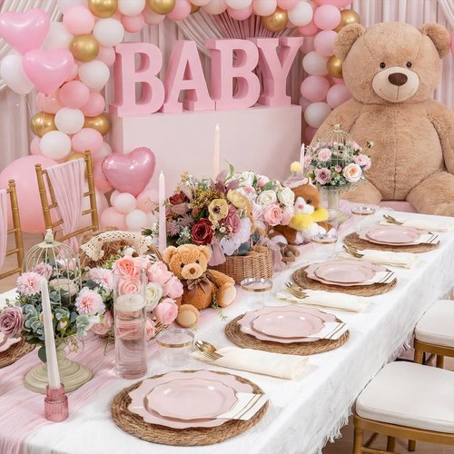 WDF 175Pcs Pink Plastic Plates - Pink and Gold Plates Disposable 25guest Plastic Dinnerware Ideal for Easter/Bridal Shower/Wedding/Baby Shower/Spring