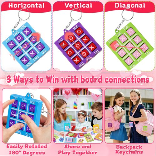 NAWITDA 24 Pack Valentines Day Gifts for Kids Classroom Valentines Day Cards for Kids with Tic-Tac-Toe Game Keychains, Valentines Class Exchange Gifts School Party Favors for Boys Girls